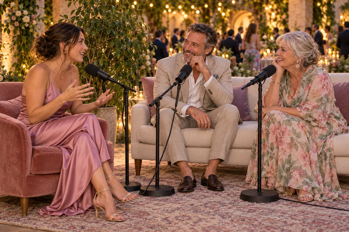 Familiares de distintas edades conversan entre ellos desde sillones, con micrófonos en un living de podcast