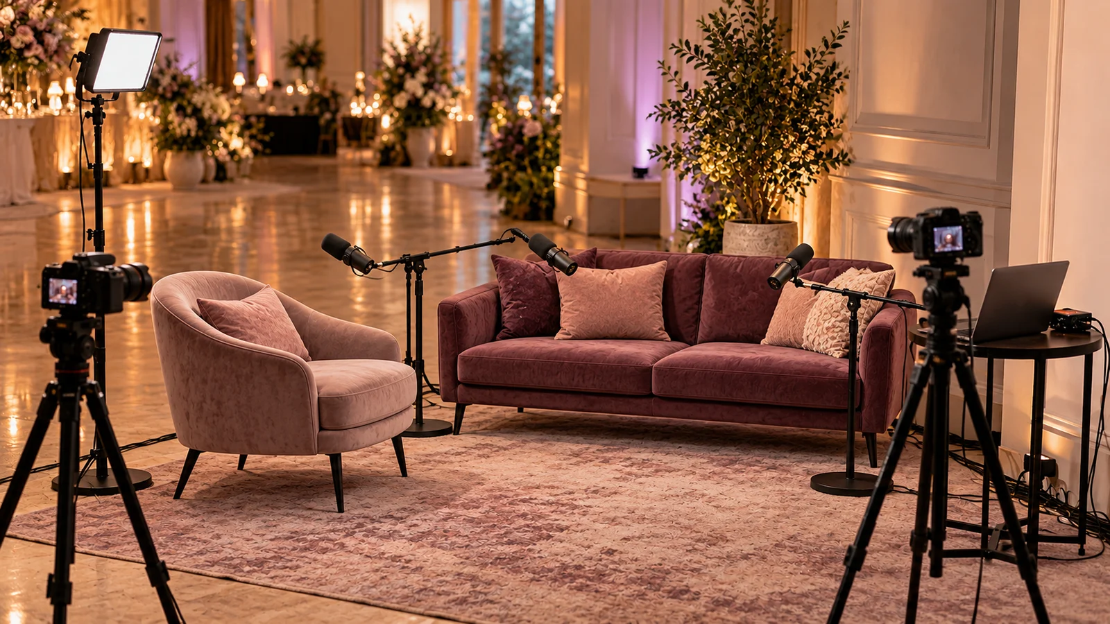 Un living de podcast armado en un salón, con sofá, sillones, micrófonos de pie, notebook, iluminación y cámaras en trípodes
